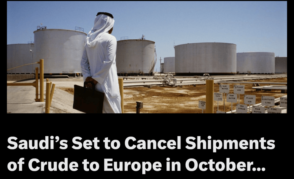 A man in traditional Middle Eastern attire stands with a briefcase, looking at large oil storage tanks in a refinery setting, with a headline about Saudi Arabia canceling crude oil shipments to Europe.
