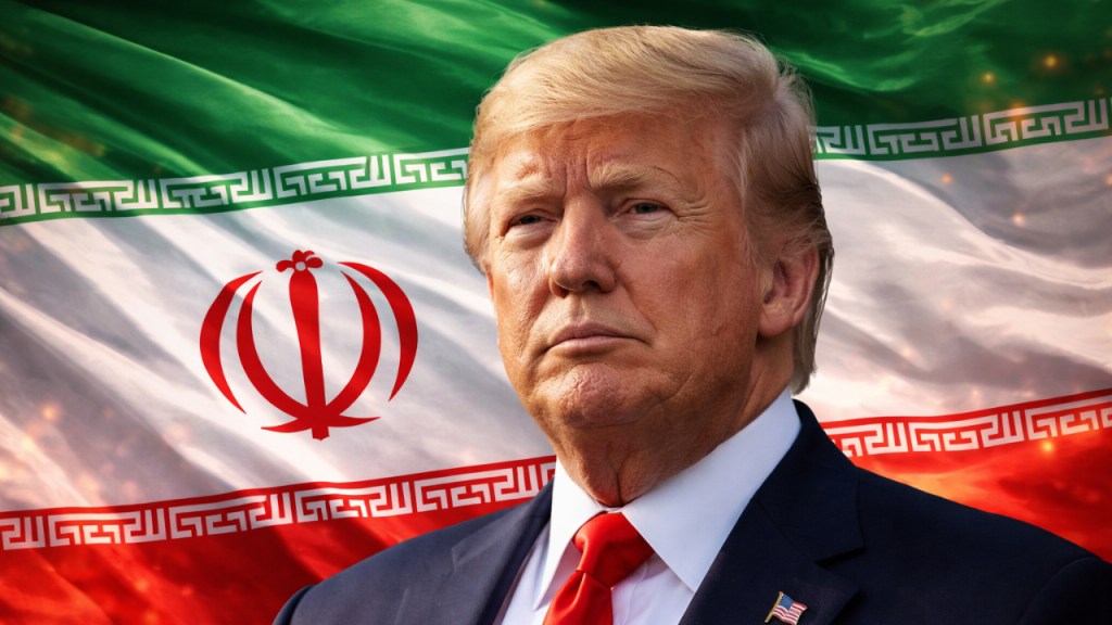 A man in a suit, with a stern expression, stands in front of the Iranian flag, which features green, white, and red horizontal stripes with intricate designs and an emblem at the center.